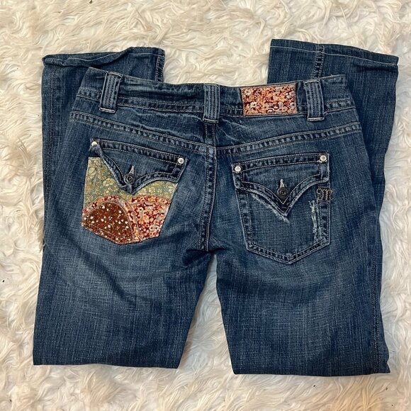 Miss Me Denim - Miss Me Y2K Flare Jeans 2/3 Low Rise Paisley Print Corduroy Pockets Medium Wash